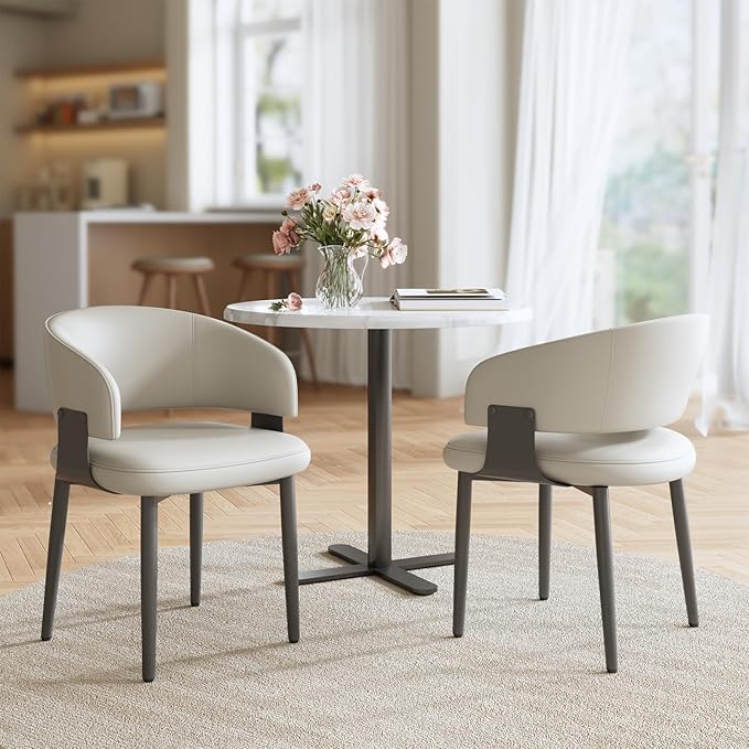 Modern Dining Chairs Set of 6, Faux Leather Upholstered Kitchen Chairs with Curved Back and Metal Legs, Mid Century Chairs for Dining Room, Kitchen, or Café (Light Gray)