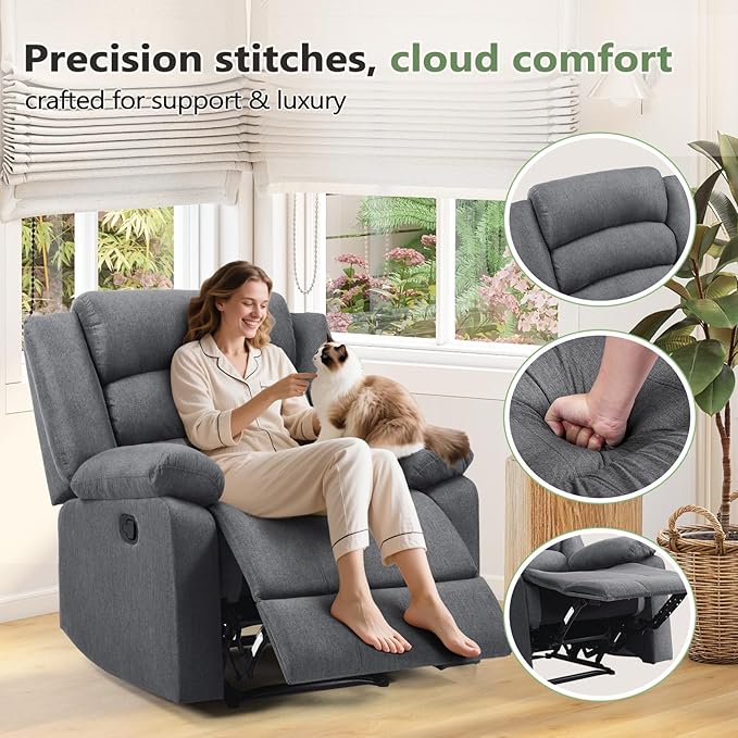 ANJ Fabric Recliner Chair with Overstuffed Arms and Back, Comfy Grey Manual Recliner for Adults, Living Room Single Sofa