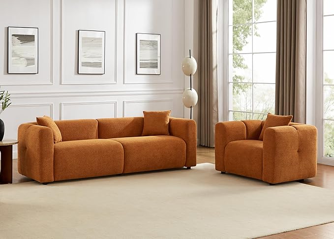 VANOMi Living Room Furniture Sets Include 95" Sofa & 42" Armchairs, Boucle Upholstered Oversized Couch with Pillows, Living Room Furniture Set for Bedroom Apartment (Curry, 1 Sofa+1 Chair)