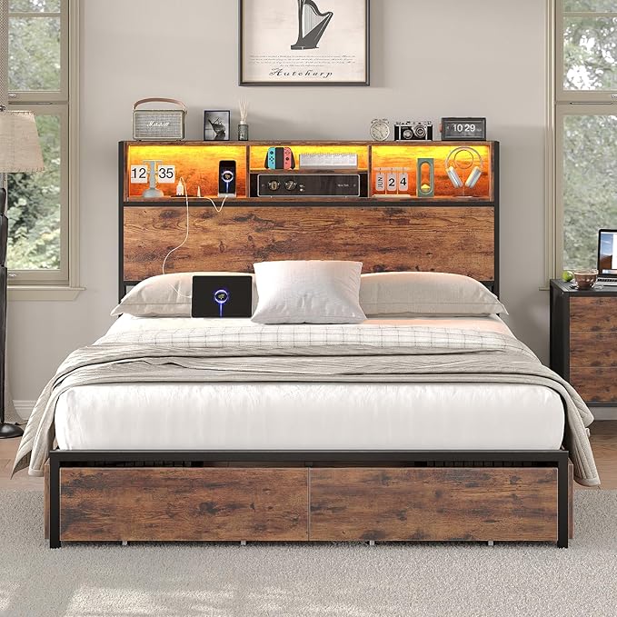 Full Size Bed Frame with LED Headboard & Charging Ports, Rustic Wood Platform Full Bed Frame, 6 Storage Drawers and Display Shelf, Heavy-Duty Metal Frame, No Box Spring Needed, Brown