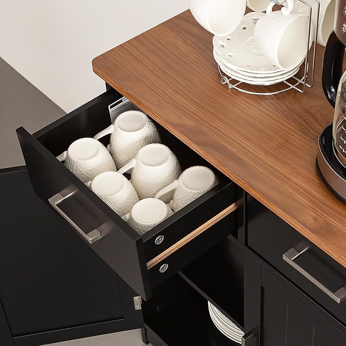 Buffet Cabinet with Storage, Coffee Bar Cabinet 26 x 30 Inches, Oak Top Sideboard Cabinet, Matte Black Finish, Anti-Fall Drawers, Arched Doors, Adjustable Shelves