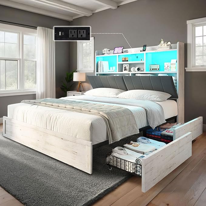 Queen LED Bed Frame with Bookcase Headboard and 4 Drawers,Farmhouse Storage Bed with Charging Station & Linen Upholstered, No Box Spring Needed, Distressed White