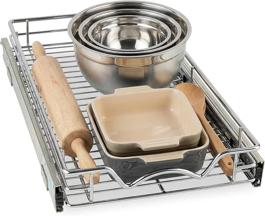 HOLDN’ STORAGE Pull Out Cabinet Organizer, Heavy Duty Caddy w/Lifetime Limited Warranty -11”W x 21”D - Requires At Least 12-1/4” Cabinet Opening, Steel Metal Cabinet Drawers Slide Out, Chrome