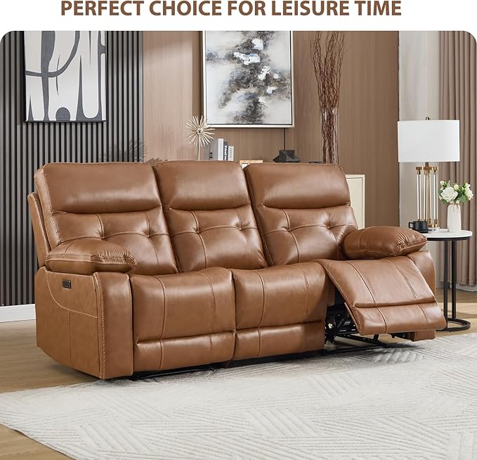 CANMOV Genuine Leather Power Recliner Sofa,3 Seater Reclining Sofa with Comfortable Arms and Back,Modern Electric Recliner Couch Set with Hidden Cup Holders,USB Port for Living Room,Brown