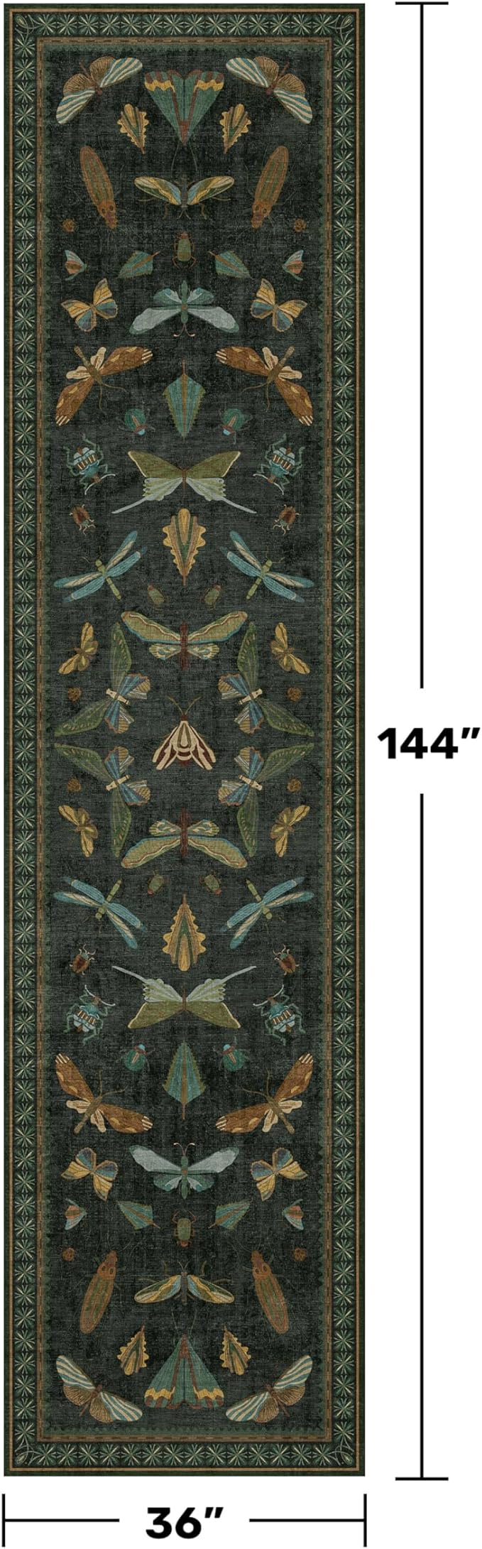 3x12 Long Hallway Runner Rug Non Slip - Washable Front Door Runner Indoor Entrance, Boho Nature Insect Stain Resistant Kitchen Carpet, Low Pile & Soft Indoor Décor (Dark Green)