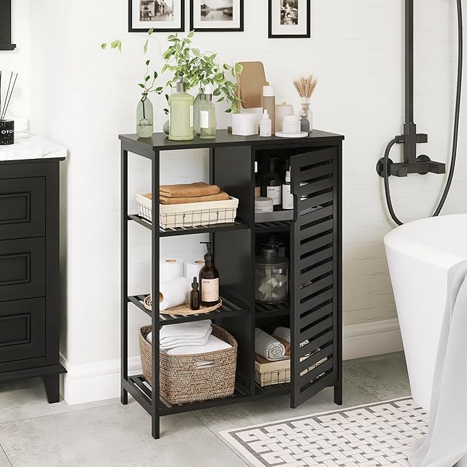 HITNET Black Bathroom Cabinet, Freestanding Storage Cabinet Bamboo Kitchen Floor Cupboard with Door and Shelf, Space Saving Side Storage Organizer for Living Room Bedroom Home Office