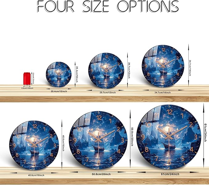 Sailing Boat Wall Clock 12 inch Battery Operated Modern Blue Wall-Clock Ocean Night Clocks Analog Wooden Clock Non Ticking for Bedroom, Office Decor