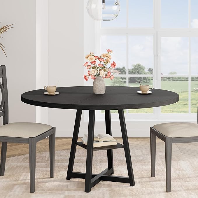 GAOMON Industrial Round Dining Table, 47 Inch Round Kitchen Table for 4, Dinner Table with Wooden Top and Metal Base for Dining Room, Living Room (Black, 47.2 in w/Storage)