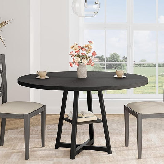 GAOMON Industrial Round Dining Table, 47 Inch Round Kitchen Table for 4, Dinner Table with Wooden Top and Metal Base for Dining Room, Living Room (Black, 47.2 in w/Storage)