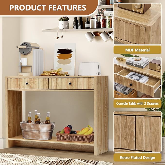 AVZEAR Entryway Console Table with Fluted Drawers, Mid Century Entryway Table with Storage, 43" Long Couch Behind Sofa Narrow Tables for Living Room Hallway Entrance, Natural