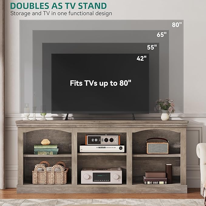 YITAHOME Farmhouse TV Stand for 75/80 Inch TV, Entertainment Center with Adjustable Shelf, Large TV Console Table for Living Room (Washed Grey)