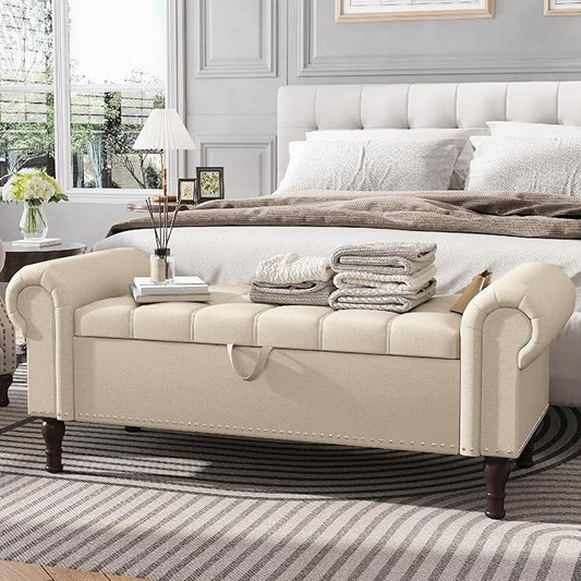 Apicizon 51” Bench with Storage, Faux Leather Ottoman Bench with Rolled Arm & Vintage Rivets, End of Bed Bench for Bedroom, Living Room, Entryway, Beige+Brown Legs