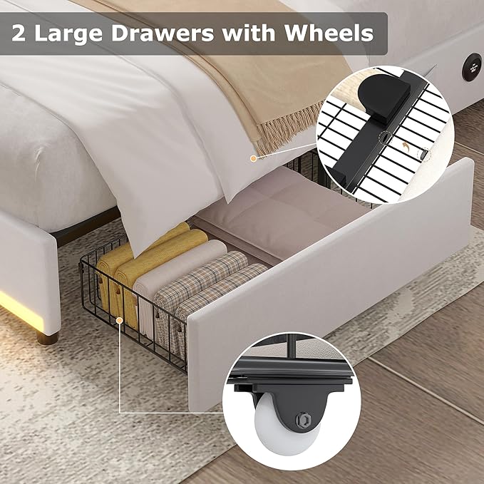 VECELO Queen Size Bed Frame with Storage Drawers, Upholstered Platform Bedframe with Wingback Headboard, No Box Spring Needed, White