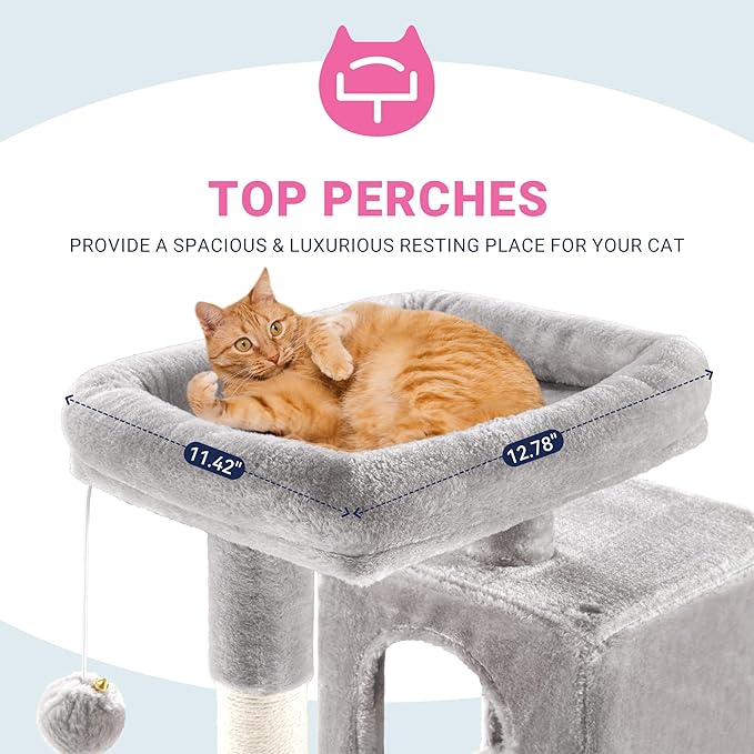 Allewie 29 Inches Cat Tree Tower/Plush Perches Platform/Condo/House/Sisal Scratching Posts/Multi-Level Activity Center Furniture for Kittens/Grey