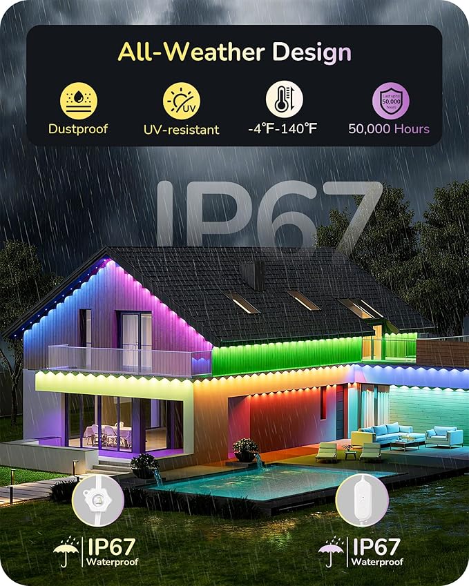 EDISHINE 200FT Cuttable Permanent Outdoor Christmas Lights PRO, 120 LED Smart RGB+IC+Warm White Eave Light, 111+ Scene Mode, App/Remote, IP67 Waterproof for House Year-Round Decor, Alexa Google Enable