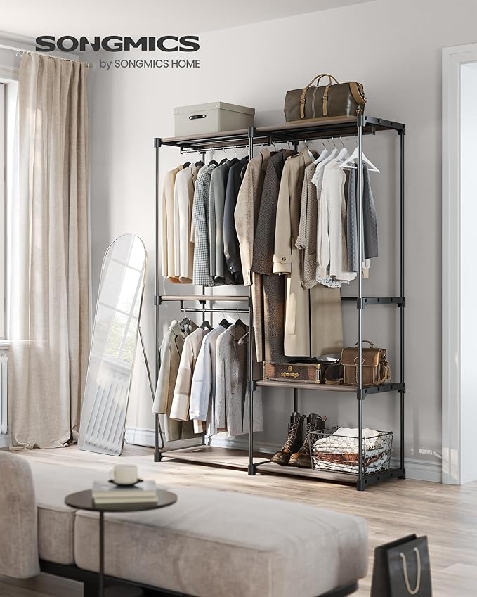 SONGMICS Portable Closet, Freestanding Closet Organizer, Clothes Rack with Shelves, Hanging Rods, Storage Organizer, for Cloakroom, Bedroom, 54.3 x 16.9 x 71.7 Inches, Taupe URYG025R02