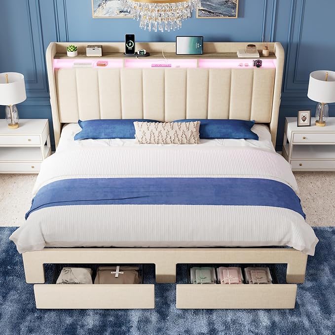 Allewie Vertical Tufted King Size Upholstered Platform Bed Frame with 2-Tier LED Storage Headboard & 2 Storage Drawers, USB & Type-C Charging Ports, Noise-Free/No Box Spring Needed, Beige