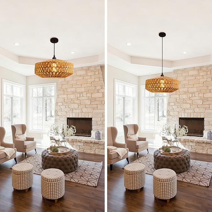 14'' Natural Rattan Chandelier Small Rattan Pendant Light -Farmhouse Boho Hanging Light with Included E27 Bulb, 120V Wicker Chandelier for Dining Room Bedroom Living Room Island