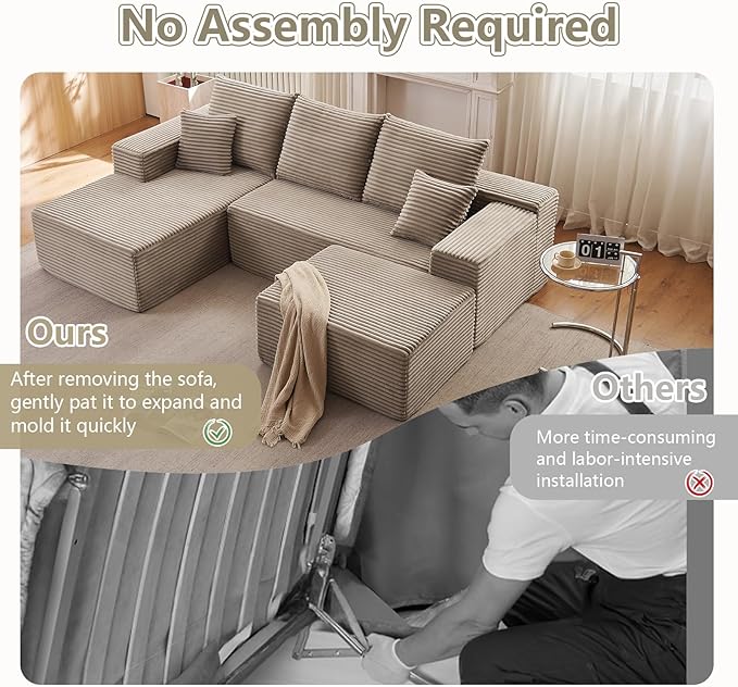 107" L-Shape Sofa with Ottoman, Modern Modular Sectional Comfy U-Shape Cloud Couch, Deep Seat, Upholstered Corduroy Sleeper Chaise Longue for Living Room Bedroom, No Assembly Required, Camel
