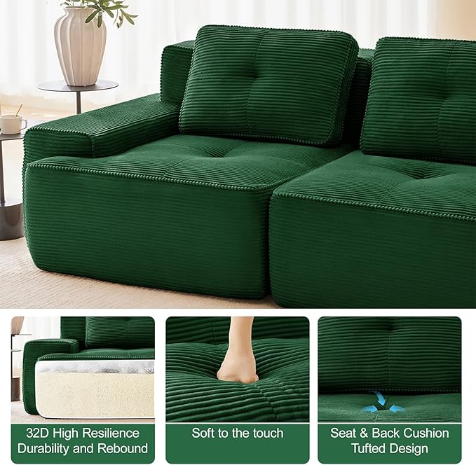 150" Modern Compressed Boneless Couch, 4 Seater Sectional Couches for Living Room, Green Corduroy Cloud Modular Sectional Sofa, Comfy Memory Foam, Extra Deep, Sofas para Sala, No Assembly