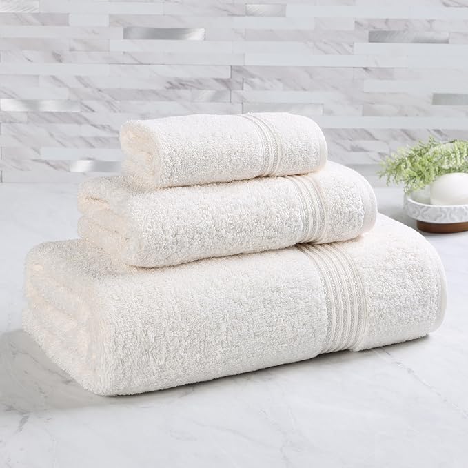 Superior Heritage Egyptian Cotton 3 Piece Towel Set, Assorted Absorbent Towels for Bathroom, Guest Bath, Luxury Home Decor Essentials, Includes 1 Bath, 1 Hand, 1 Face Towel/Washcloth, Ivory