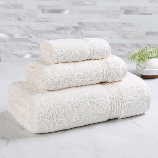 Superior Heritage Egyptian Cotton 3 Piece Towel Set, Assorted Absorbent Towels for Bathroom, Guest Bath, Luxury Home Decor Essentials, Includes 1 Bath, 1 Hand, 1 Face Towel/Washcloth, Ivory