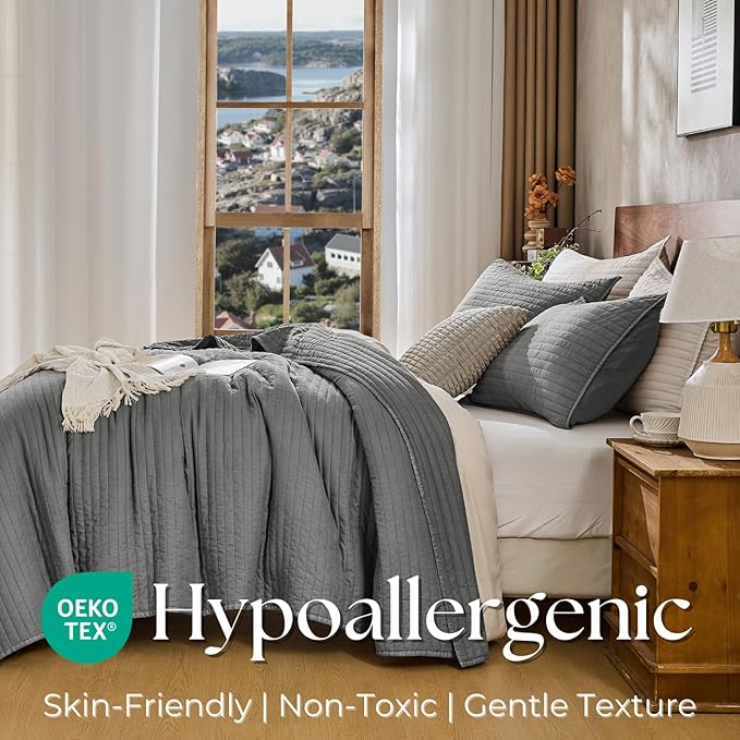 DOWN HOME Twin Quilt Bedding Set with Sham, Vintage Washed Soft Quilted Blanket Thin Comforter Lightweight Bedspread Coverlet Bed Cover, Brushed Microfiber Stripe Stitching, Ash Gray, 66"x92"