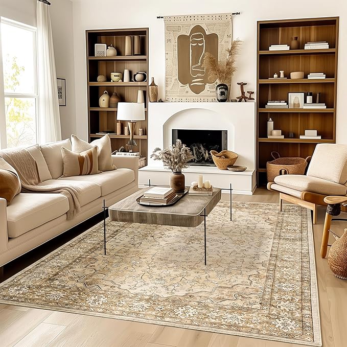 6x9 Area Rugs for Living Room,Machine Washable Low Pile Non Slip Stain Resistant Vintage Euro Floral Boho Desgin Carpet Rug for Bedroom Dining Room Kid's RoomHome Office,Natural Beige