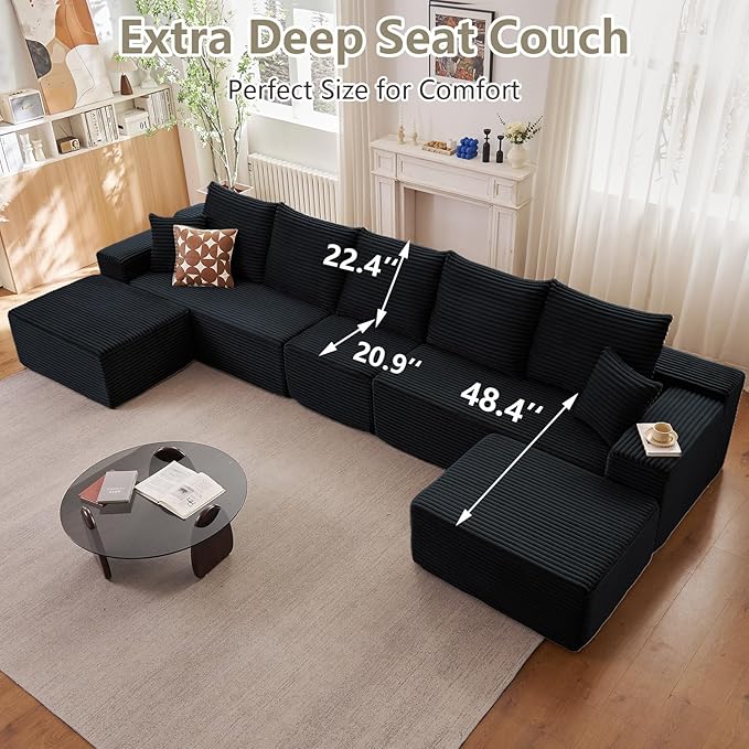 167.7" Sectional Cloud Couch for Living Room, Stupendous U Shaped Sofas, Modular Floor Deep-Seat Sofa, Big Comfy Corduroy Couches Set with Fluffy Memory Foam, No Assembly Required, Black