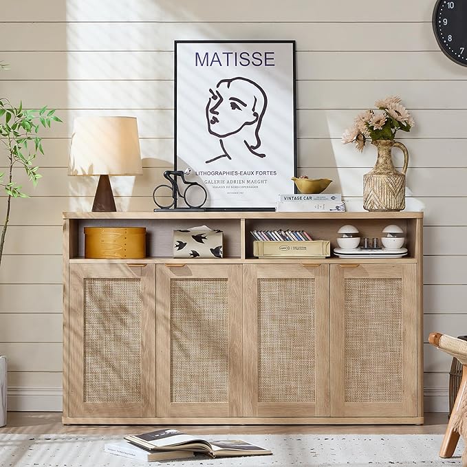 LEYAOYAO Rattan Sideboard Buffet Cabinet,55" Coffee Bar Cabinet with 4 Doors & Open Storage Shelf,Modern Credenza Console Table for Living Room Rattan Farmhouse Entryway Natural