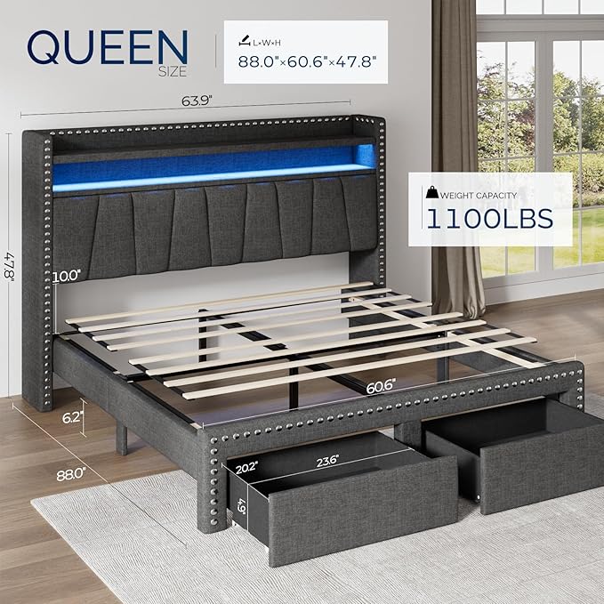 Queen Size Bed Frame with Storage Headboard and Drawers Modern Rivets Upholstered Bed Frame with LED Charging Station Queen Bedframe No Box Spring Needed