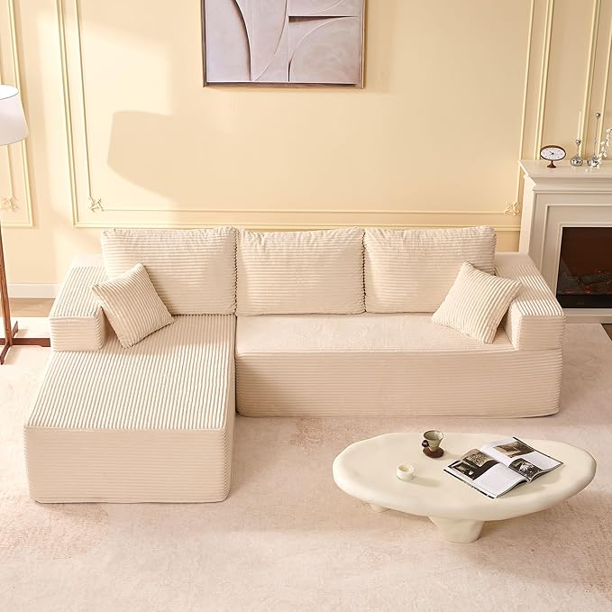 107" Boneless Couch with Deep Seat, Modular Sectional Sofa, Cloud Sectional Couch for Living Room, No Assembly Required, Corduroy, L-Shape Left?White