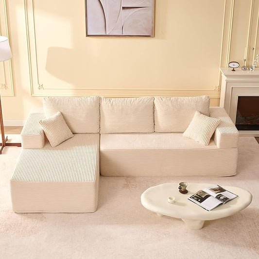 107" Boneless Couch with Deep Seat, Modular Sectional Sofa, Cloud Sectional Couch for Living Room, No Assembly Required, Corduroy, L-Shape Left?White
