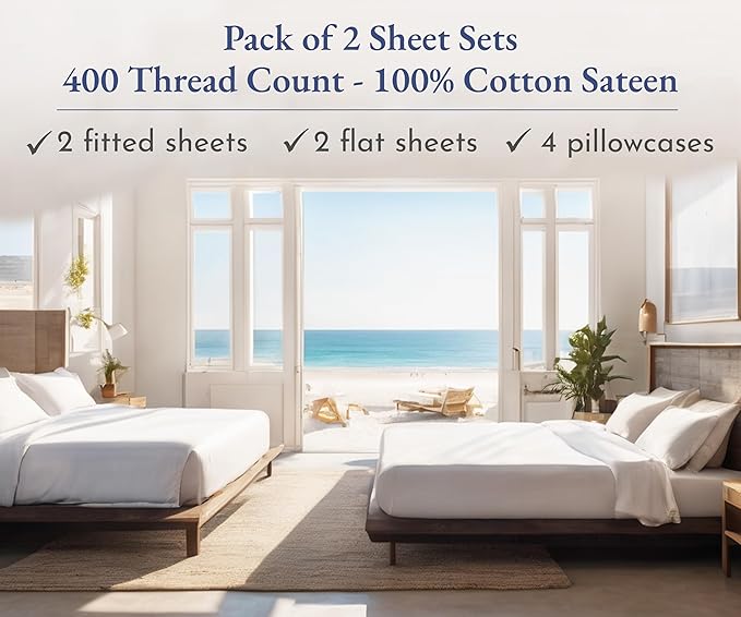 California Design Den 2-Pack Full 100% Cotton Sateen 400 Thread Count Sheets - Extra Soft, Breathable & Cooling Sheets, Wrinkle Resistant, 2 Sets of Deep Pocket Bed Sheets - Ivory (Pale Tone)