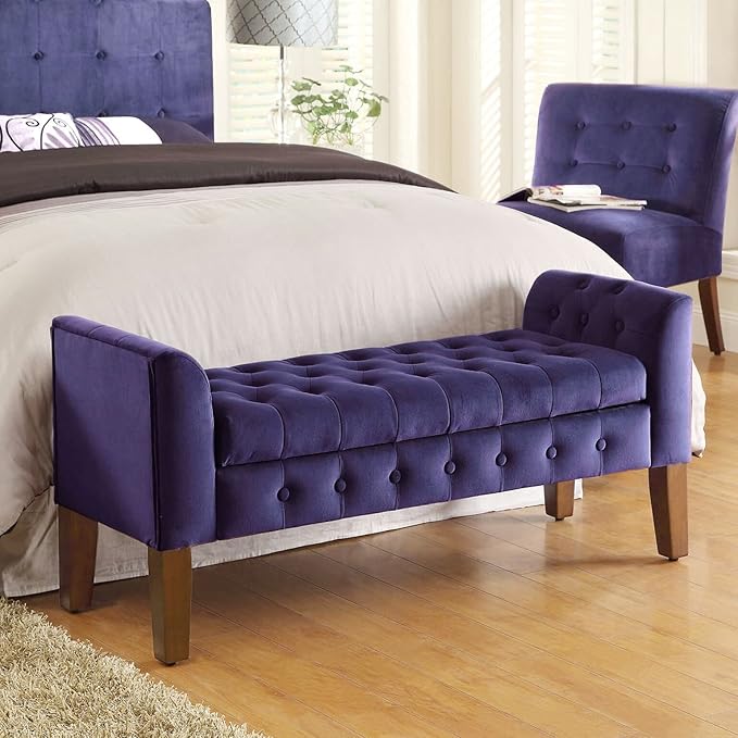 HomePop Velvet Tufted Storage Bench Settee with Hinged Lid, Purple 50" x 18" x 23"