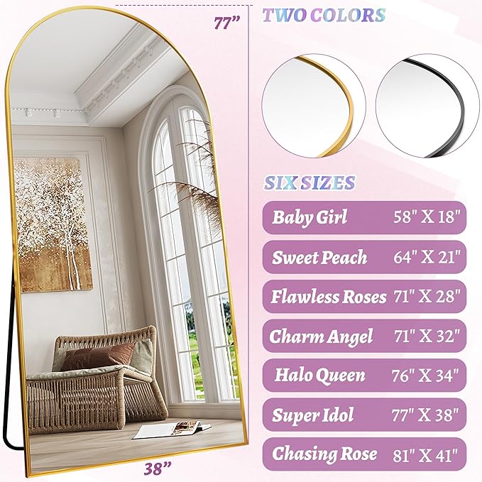 Full Length Mirror, 78"x38" Arched Floor Mirror Freestanding, Floor Standing Full Body Mirror with Stand for Bedroom, Hanging Mounted for Living Room Cloakroom, Gold