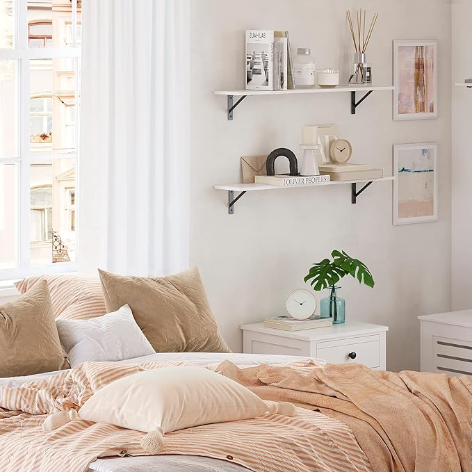 DINZI LVJ Long Wall Shelves, 24 Inch White Floating Shelves Set of 2, Easy-to-Install, Wall Storage Ledges with Sturdy Metal Brackets for Living Room, Bathroom, Bedroom, Kitchen, White