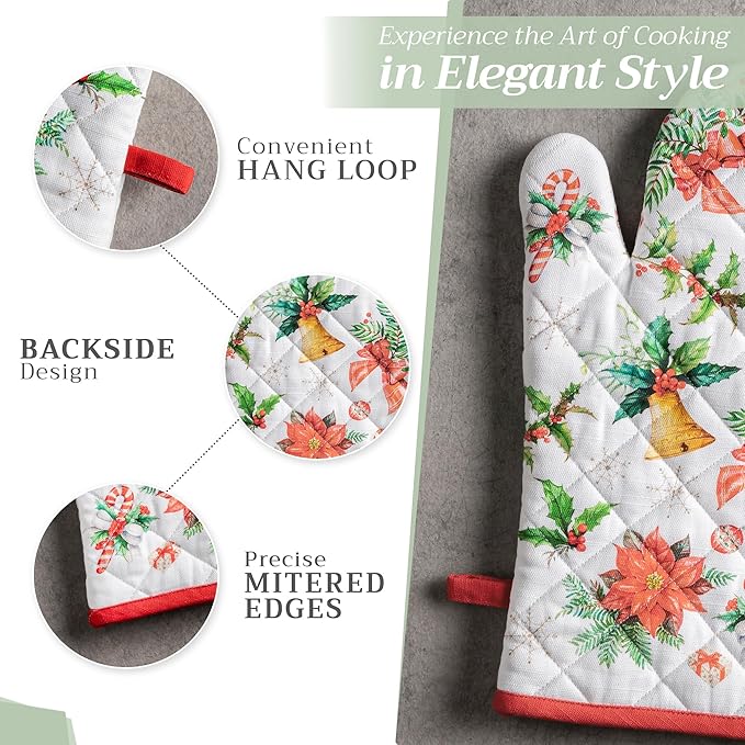 Maison d' Hermine Oven Gloves 100% Cotton Oven Mitt 7" x 13" with Loop Heat Resistant BBQ Cooking Gloves for Thanksgiving Christmas Decorations Baking Handling Hot Pans (Pack of 1, Chromo)