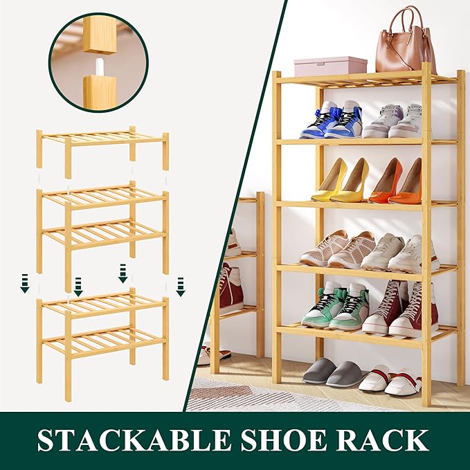 Smiry Shoe Rack, 3 Tier Small Bamboo Shoe Organizer, Stackable Free Standing Wooden Shoe Storage Shelf for Closet, Entryway, Front Door Entrance, Natural