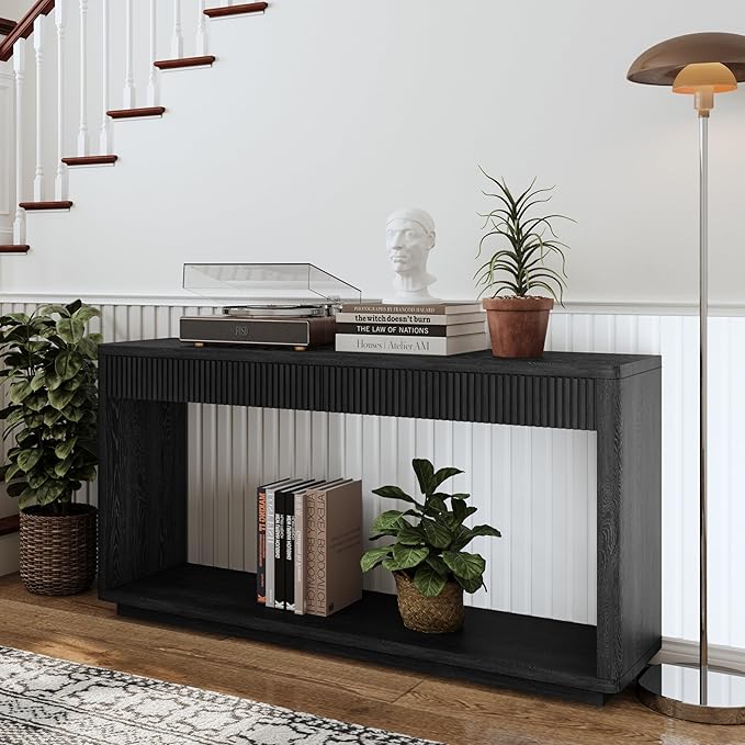 59.8”Rectangular Rustic Fluted Console Table with 2 Drawers,Solid Wood Entry Table Hallway Table, Modern Farmhouse Narrow Sofa Table for Foyer Living Room,Bedroom,Apartments-Black