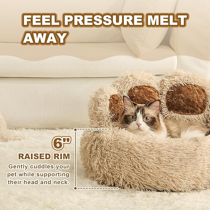 Jiupety Paw Shape Calming Pet Bed, Plush Faux Fur Donut Bed for Dogs & Cats, Machine Washable, Non-Slip Bottom, Medium (22"×22"×6"), Camel