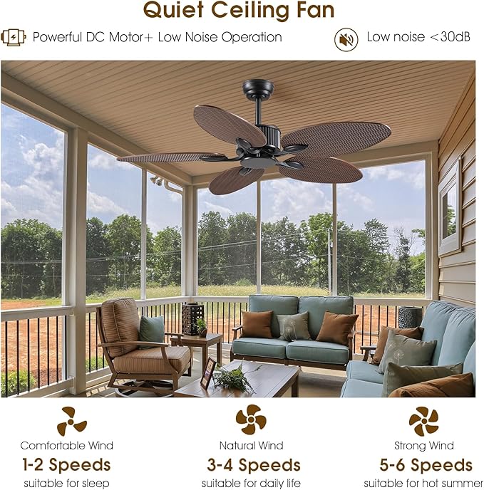 50 Inch Tropical Ceiling Fan no Light, Outdoor Waterproof Palm Leaf Ceiling Fans for Patios Porches, Remote +APP Control, Wet Rated, 6 Speeds, Quiet, Dark Brown