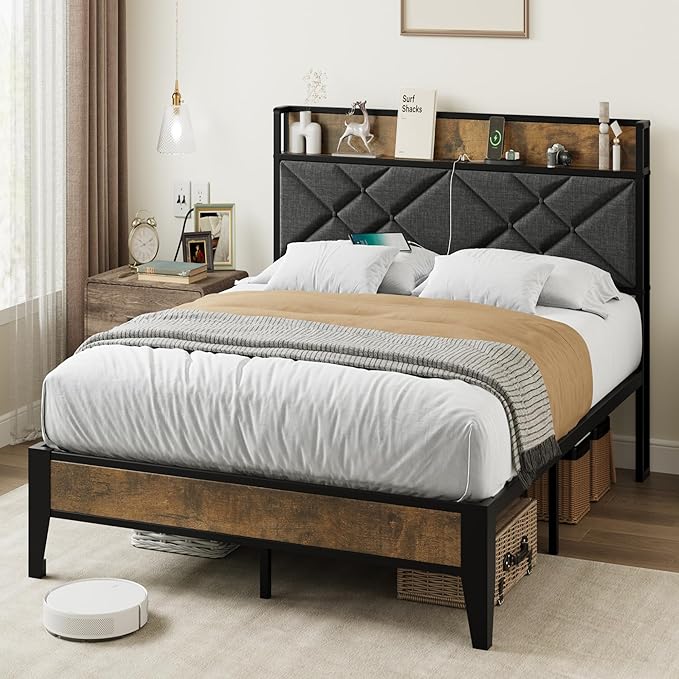IDEALHOUSE King Size Bed Frame with Storage Headboard, Platform Bed with Charging Station, Solid Metal Bed Frame, No Box Spring Needed, Easy Assembly