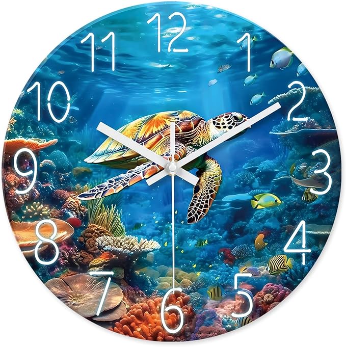 XNM 20 Inch Large Wall Clocks Battery Operated Glass Sea Turtle Ocean Clocks for Living Room Decor Blue Silent Wall Clock No Ticking