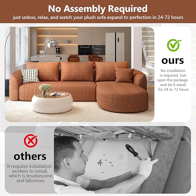 111" Modular Sectional Couches Luxury Modern Curved Back Sofa,Minimalist Comfy L-Shape Boneless Cloud Couch for Living Room Apartment,(Right Facing Chaise,Orange)