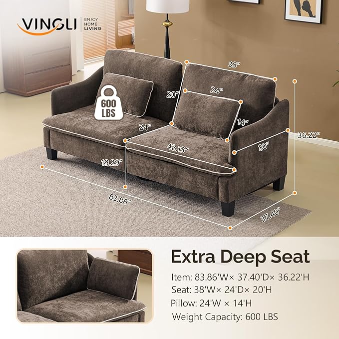 VINGLI 84" W Oversized Comfy Two Seat Love Seat, 37" Extra Deep Seat Piping Design Loveseat Couch with Two Pillows, Linen Fabric Modern Small Sofa for Small Living Room, Bedroom, Brown