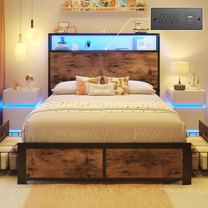 Lifezone Twin Bed Frame with 2-Tier Storage Headboard, Metal Platform Bed Frame with 4 Storage Drawers, Built in Charging Station & LED, Noise-Free/Metal Support/No Box Spring Needed, Vintage Brown