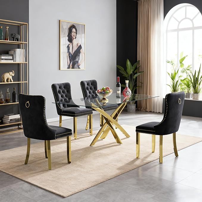Goujxcy 51" Glass Dining Table Set for 4, Modern Kitchen Table and Chairs Set w/Steel Legs, 5-Piece Dining Table Set w/Glass Gold Dining Table and 4 Black Velvet Chairs for Kitchen Dining Room