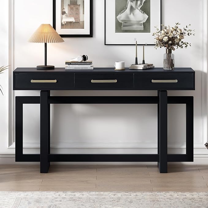 Contemporary Modern Entryway Console Table 57-Inch Extra Long Entry Sofa Table with Storage Drawers for Living Room Hallway, Black