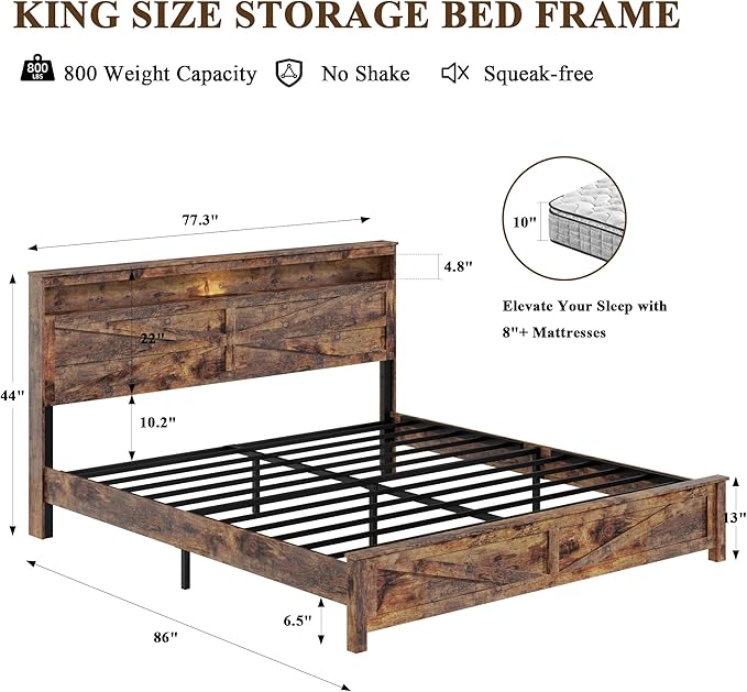 Farmhouse King Size Bed Frame with Headboard Storage Shelf, Wood Platform Bed Frame with LED Lights & Charging Station, Rustic Brown Metal Bed, No Box Spring Needed, Noise-Free Sturdy Structure